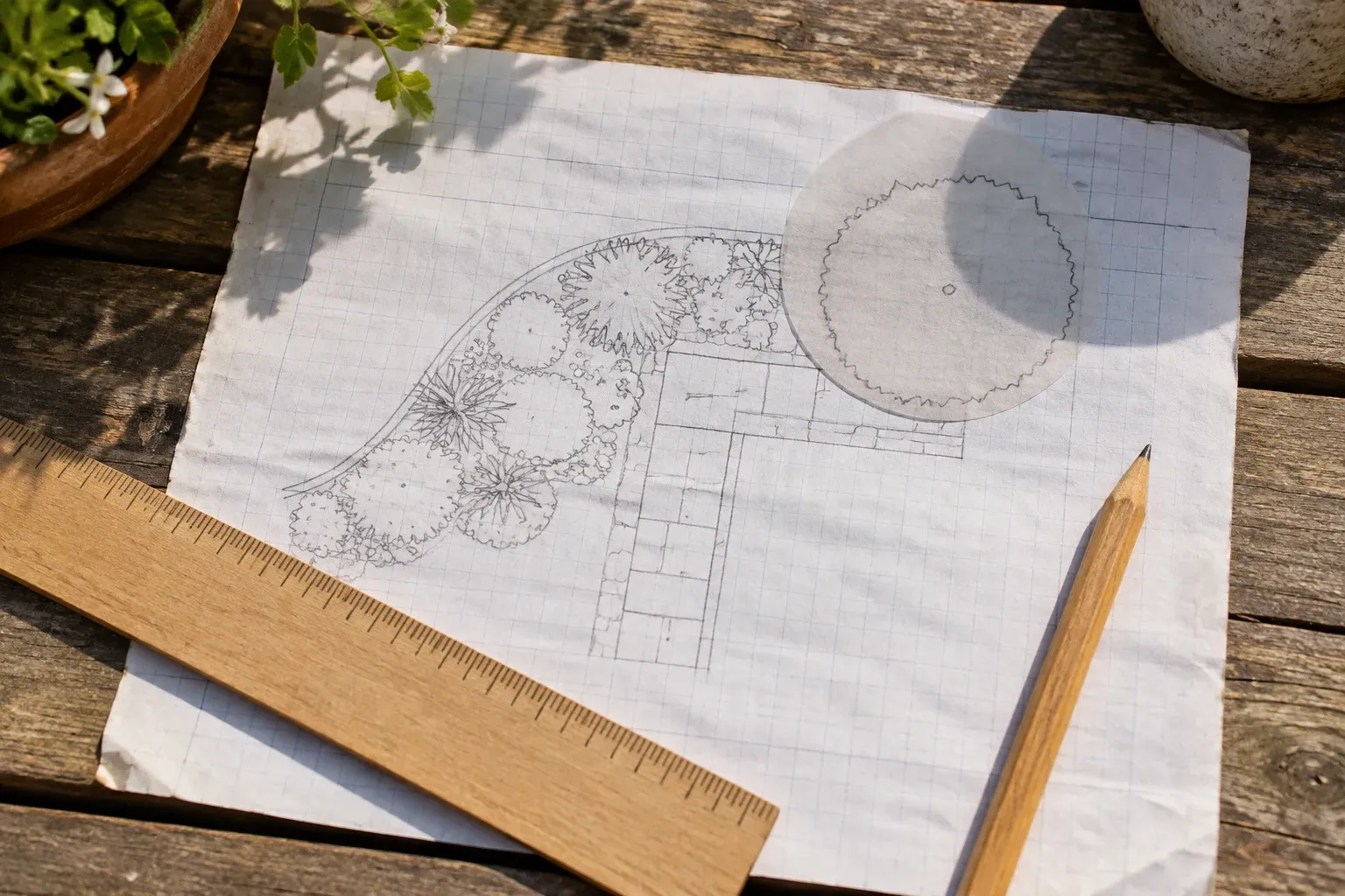 A translucent paper circle lies over a garden sketch on graph paper beside a wooden ruler.