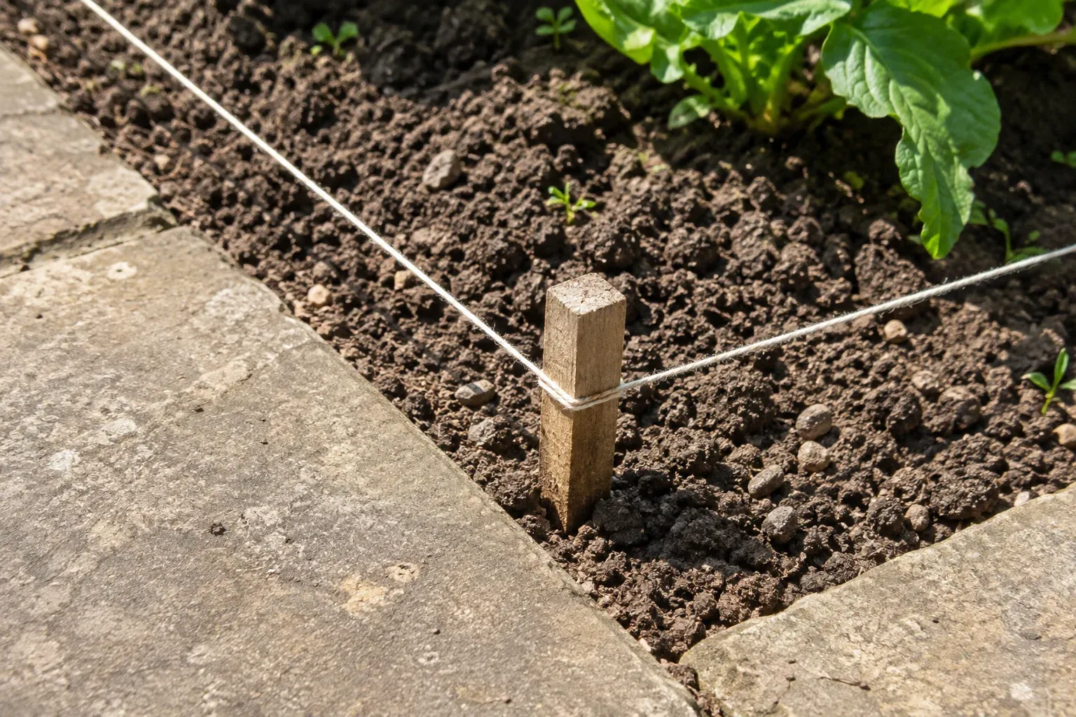 String marks the corner of a growing bed beside a worn paved access strip.