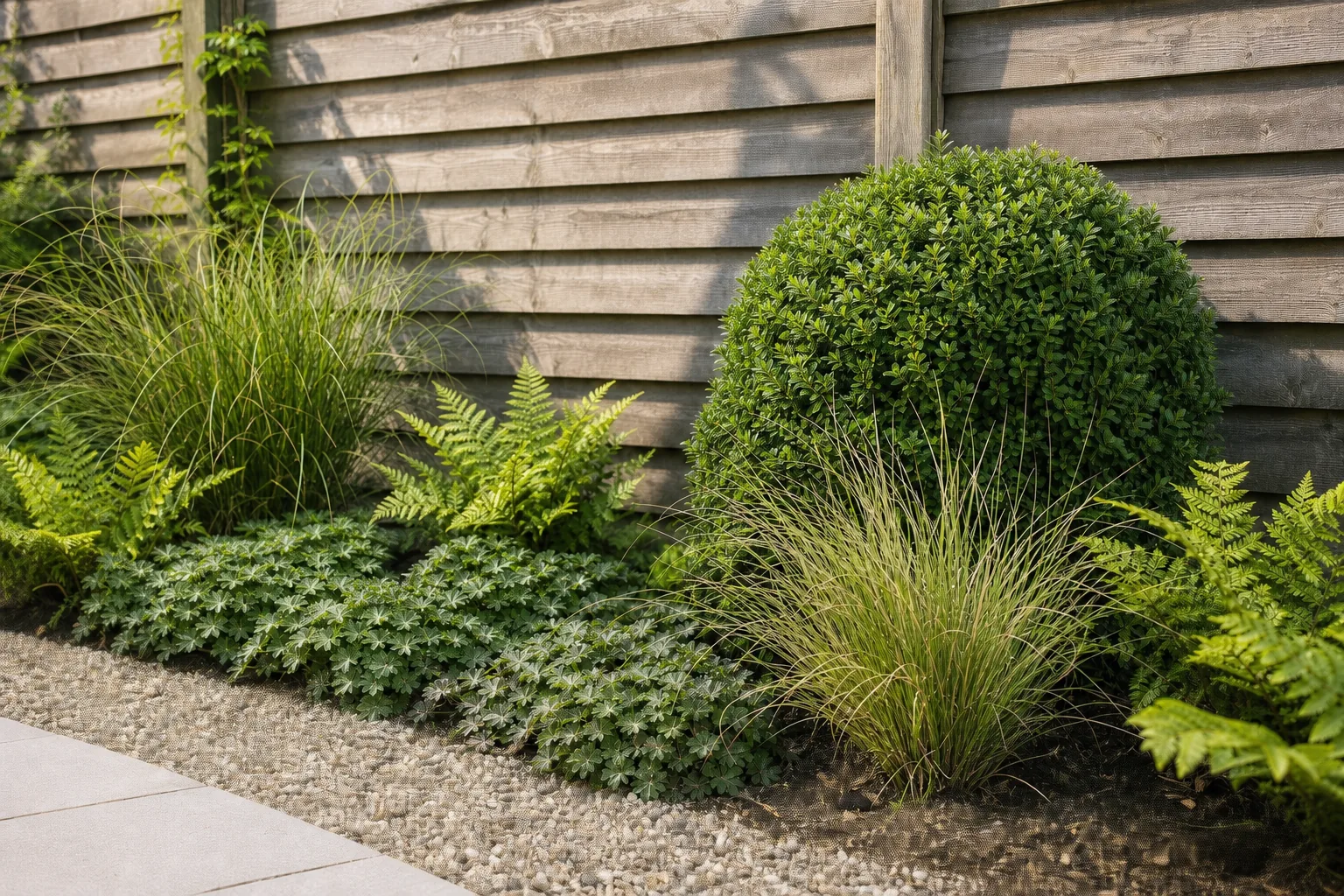 A restrained planting edge combines one rounded evergreen with grasses, ferns and repeated low groundcover beside a weathered fence.
