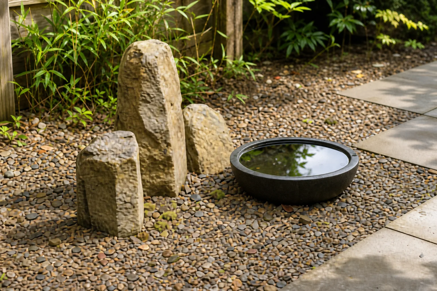 Three sunlit natural stones of different heights sit partly buried beside a shallow dark water bowl and a simple path.