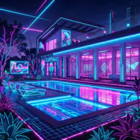 Cyberpunk style: the same backyard, neon-lit dystopian aesthetics
