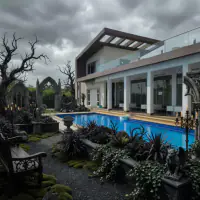 Gothic style: the same backyard, dark and dramatic with arched windows