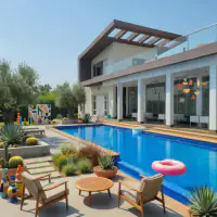 Midcentury Modern style: the same backyard, iconic 1950s style with clean forms