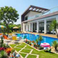 Retro style: the same backyard, funky colors with chrome accents