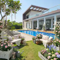 Shabby Chic style: the same backyard, soft pastels with weathered finishes