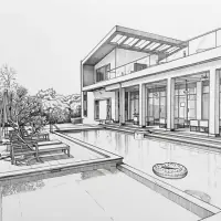 Sketch style: the same backyard, hand-drawn black and white lines
