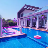 Vaporwave style: the same backyard, retro neon with pink and purple