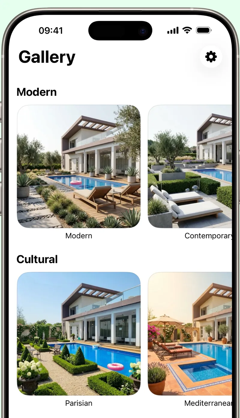 The Gardenly Gallery tab on iPhone with Modern and Cultural garden styles