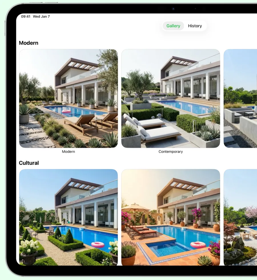 Gardenly on iPad showing the Gallery tab with the Modern and Cultural style collections