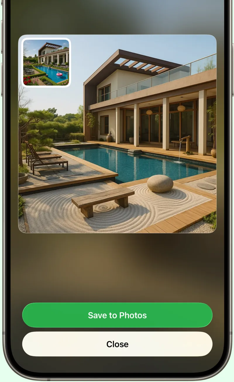 A finished Gardenly render on iPhone with the original photo inset in the corner and a Save to Photos button